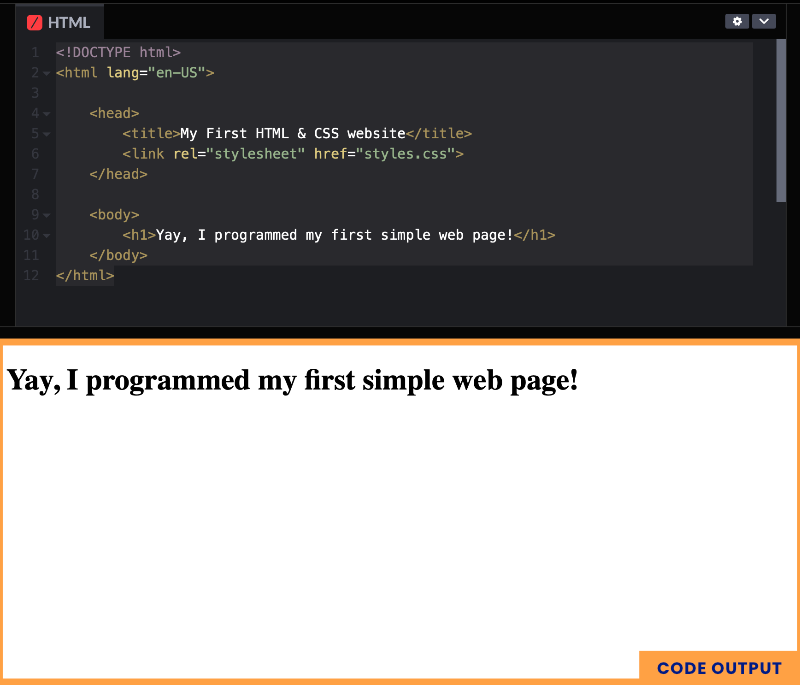 Example of basic HTML code and its output (image)